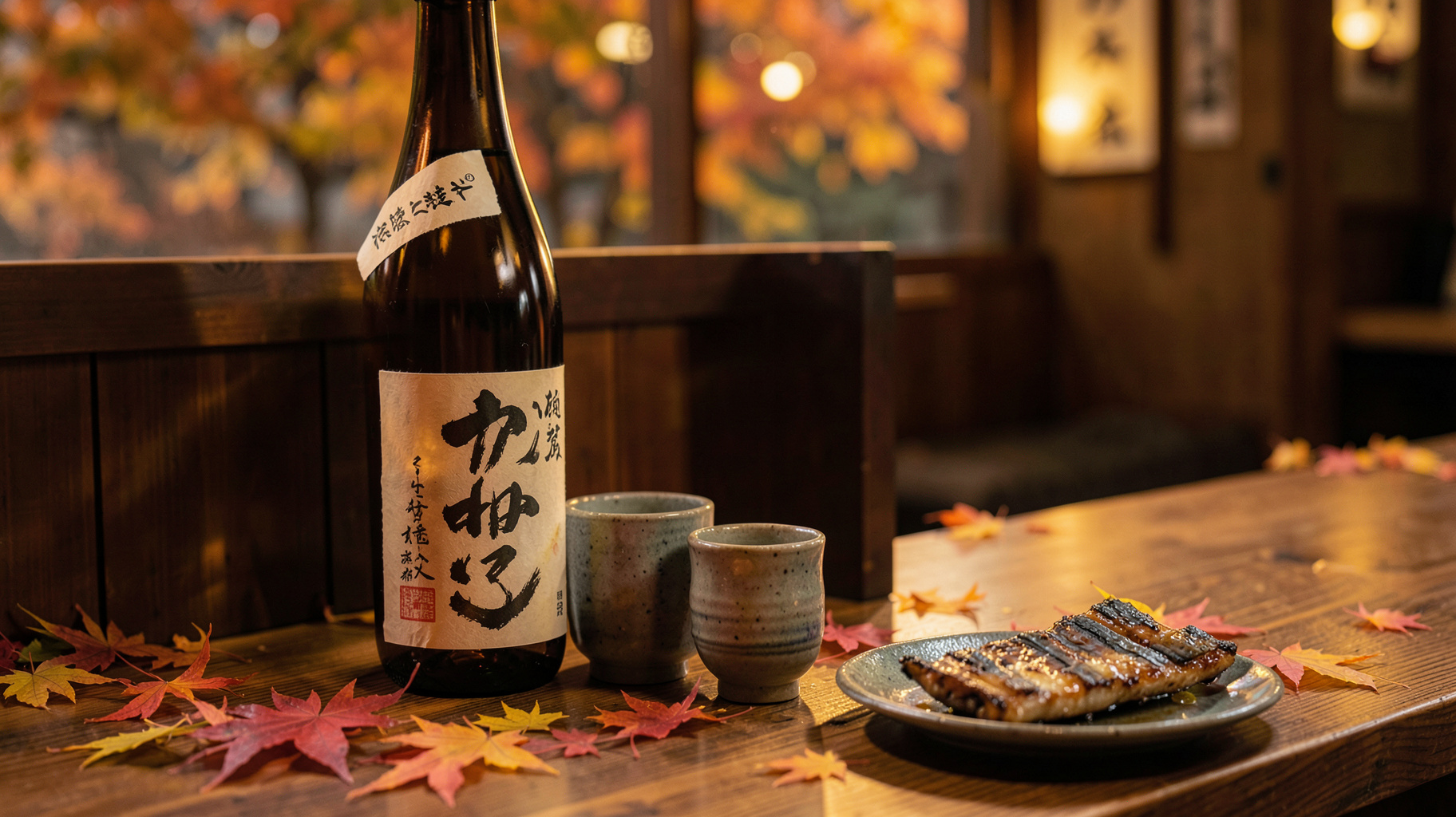 秋の食卓に置かれた日本酒の瓶とおちょこ