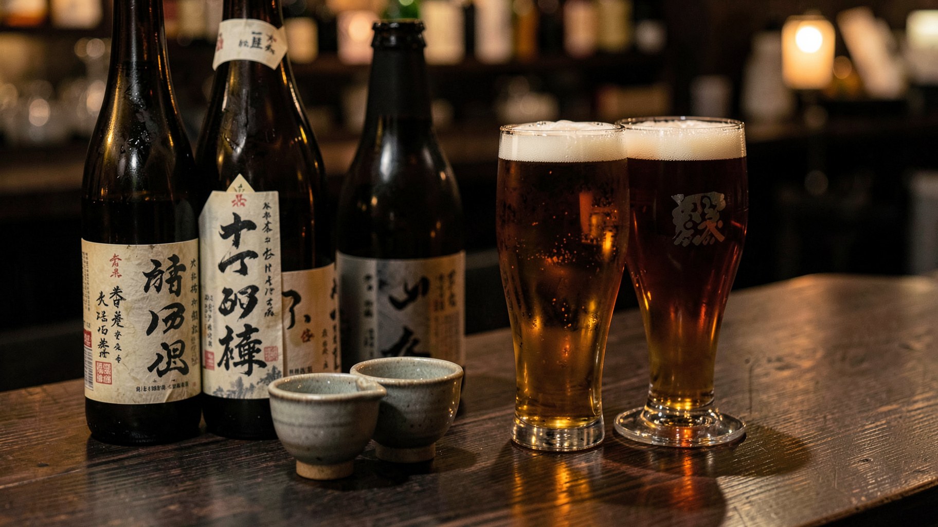 木のカウンターに並ぶ日本酒瓶とおちょこ、クラフトビールのグラス
