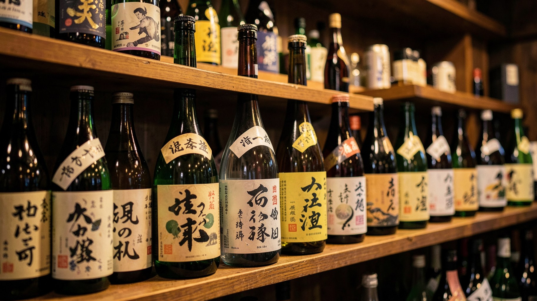 木製の棚に並ぶさまざまなラベルの日本酒瓶