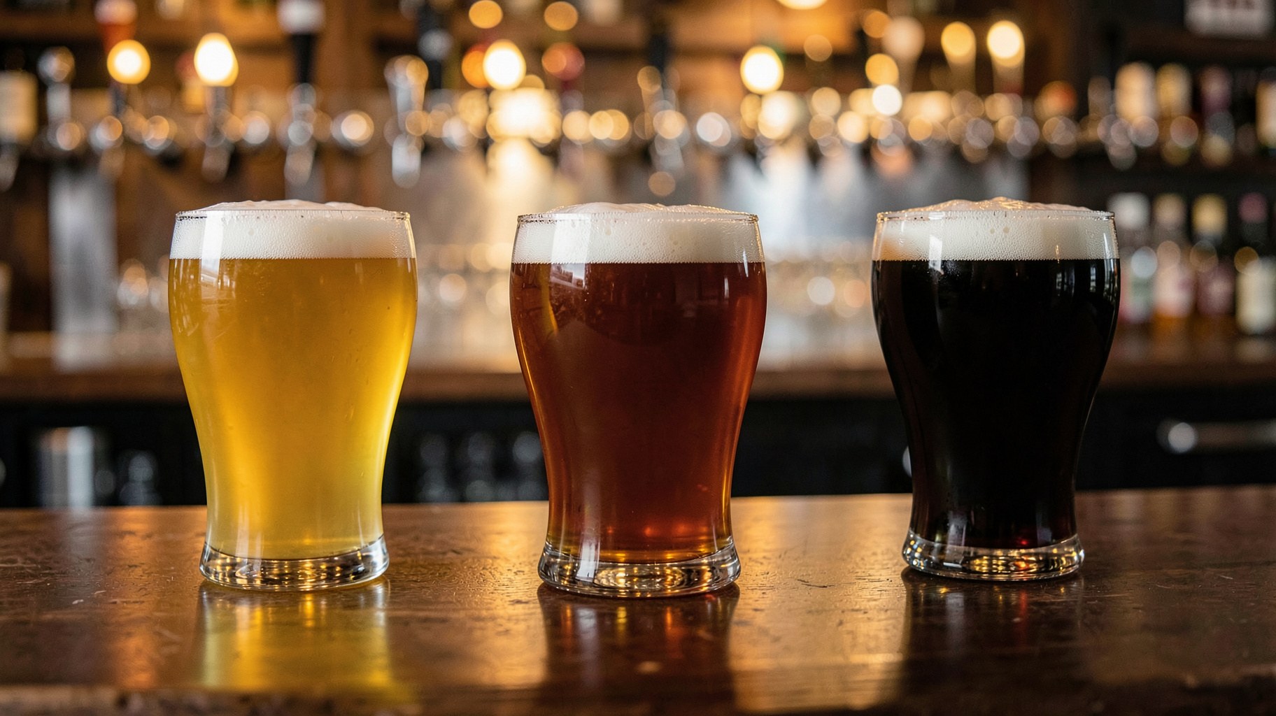 タップの前に並ぶ色の異なる複数のクラフトビールグラス