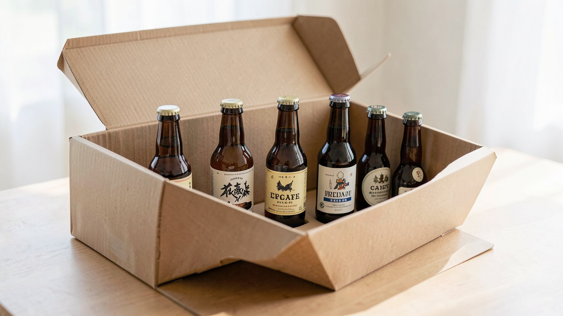 テーブルに並べられた小瓶の飲み比べセットと箱