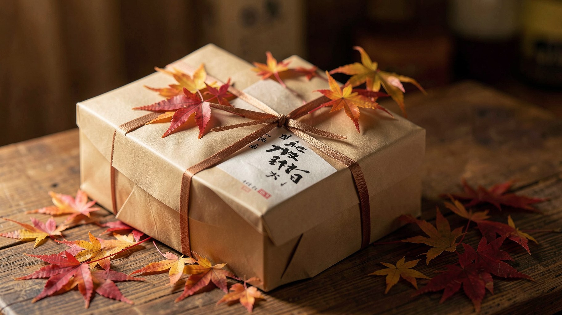 紅葉と共に包装された日本酒の贈答箱