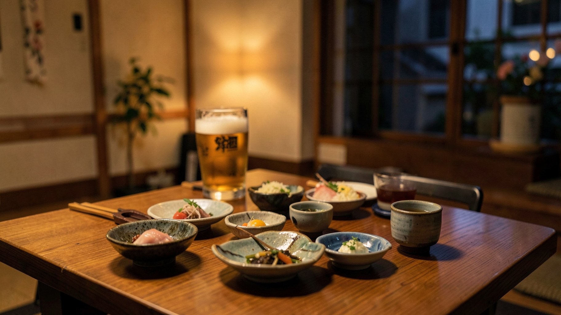 自宅の食卓に並ぶ料理と日本酒・クラフトビールのグラス